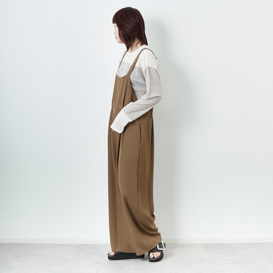 CHIGNON [シニヨン] スクエアサロペット [3653-336KK] BROWN &&モデル身長：167cm 着用サイズ：F&&