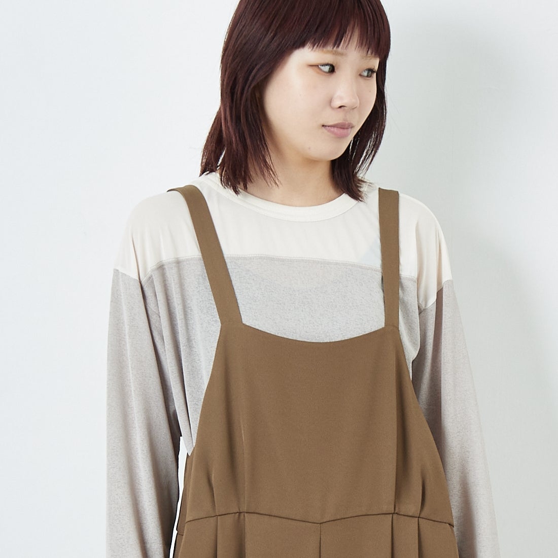 CHIGNON [シニヨン] スクエアサロペット [3653-336KK] BROWN &&モデル身長：167cm 着用サイズ：F&&