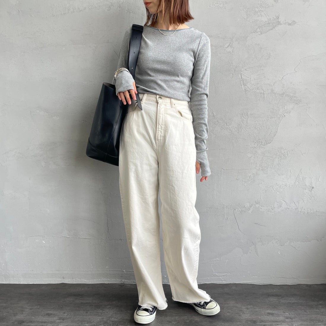 Robert P.Miller [ロバートピーミラー] 別注 配色パネルリブ ボートネックTシャツ [RM254-2041IN-JF] M.GRAY &&モデル身長：158cm 着用サイズ：F&&