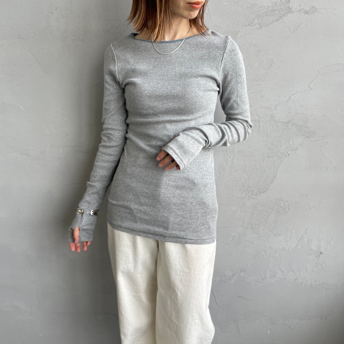 Robert P.Miller [ロバートピーミラー] 別注 配色パネルリブ ボートネックTシャツ [RM254-2041IN-JF] M.GRAY &&モデル身長：158cm 着用サイズ：F&&