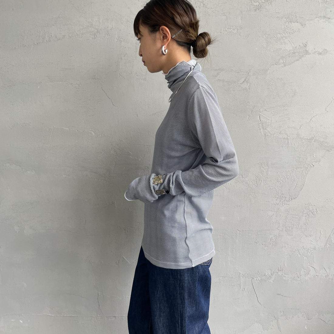 Robert P.Miller [ロバートピーミラー] 別注 パネルリブ シアータートルTシャツ [RM254-2116IN-JF] NAVY BD &&モデル身長：150cm 着用サイズ：F&&