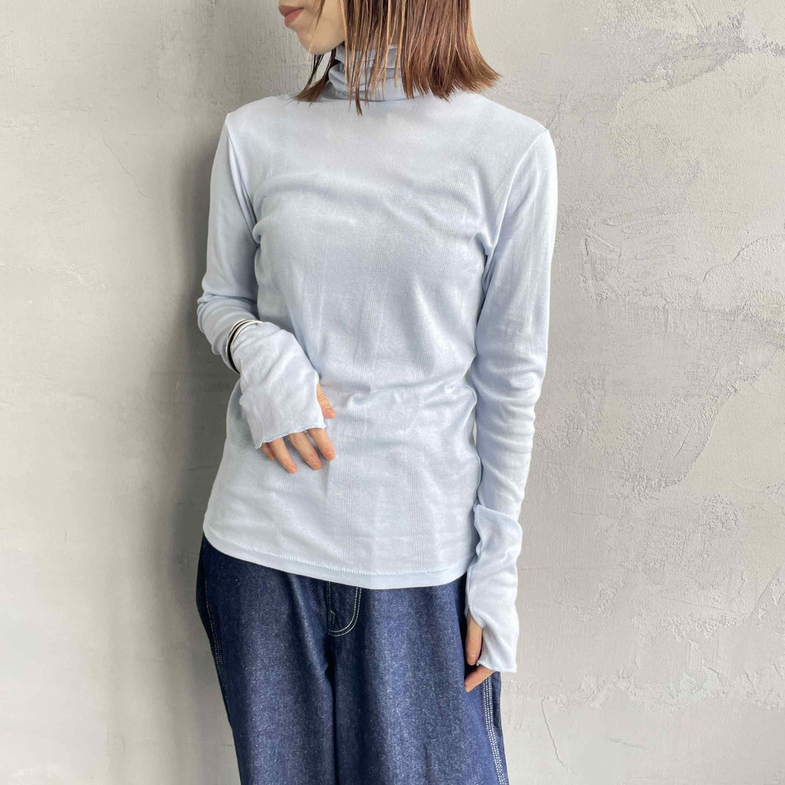 Robert P.Miller [ロバートピーミラー] 別注 パネルリブ シアータートルTシャツ [RM254-2116IN-JF] AQUA &&モデル身長：158cm 着用サイズ：F&&