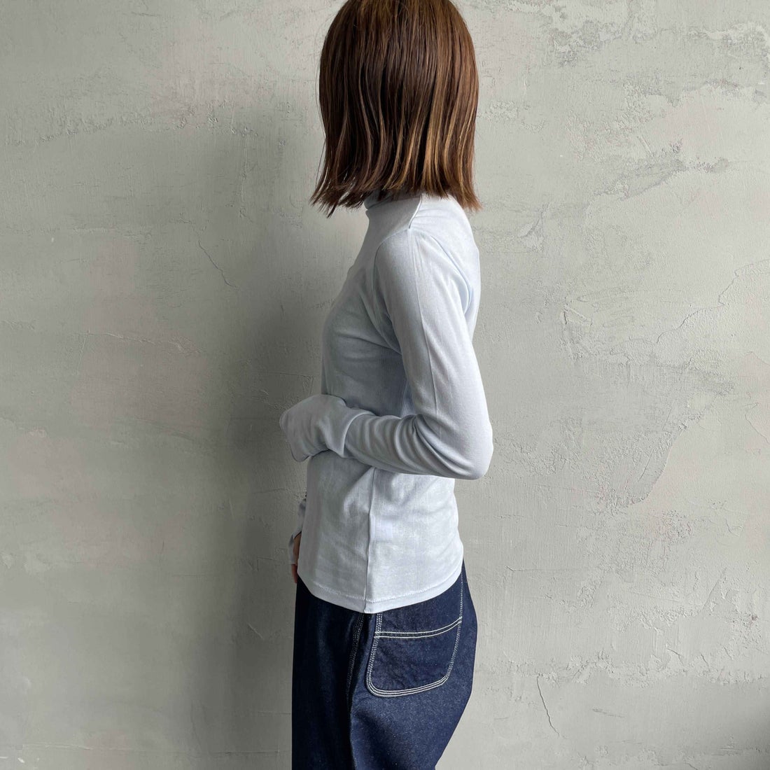 Robert P.Miller [ロバートピーミラー] 別注 パネルリブ シアータートルTシャツ [RM254-2116IN-JF] AQUA &&モデル身長：158cm 着用サイズ：F&&