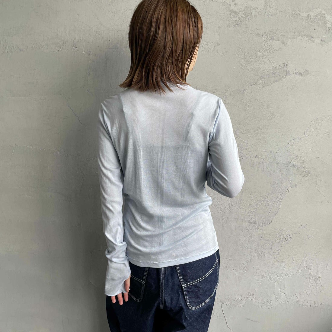 Robert P.Miller [ロバートピーミラー] 別注 パネルリブ シアータートルTシャツ [RM254-2116IN-JF] AQUA &&モデル身長：158cm 着用サイズ：F&&