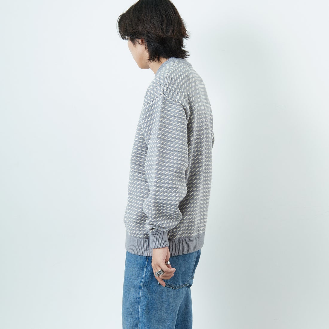 L.L.BEAN [エルエルビーン] Wayne バーズアイセーター [5575-2030] 91 GRY/WHT &&モデル身長：179cm 着用サイズ：L&&