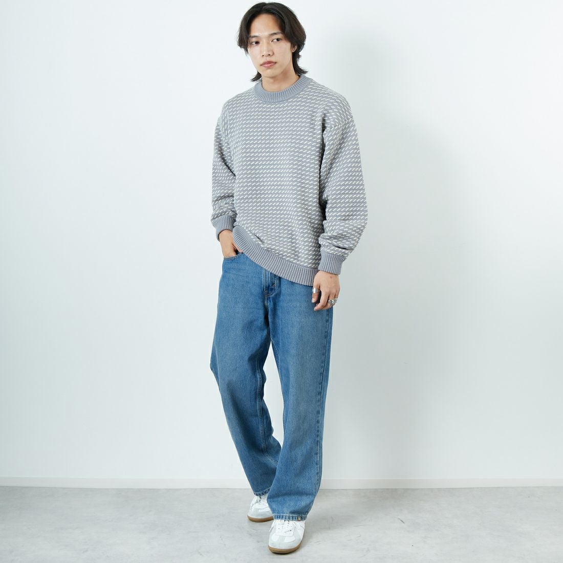 L.L.BEAN [エルエルビーン] Wayne バーズアイセーター [5575-2030] 91 GRY/WHT &&モデル身長：179cm 着用サイズ：L&&