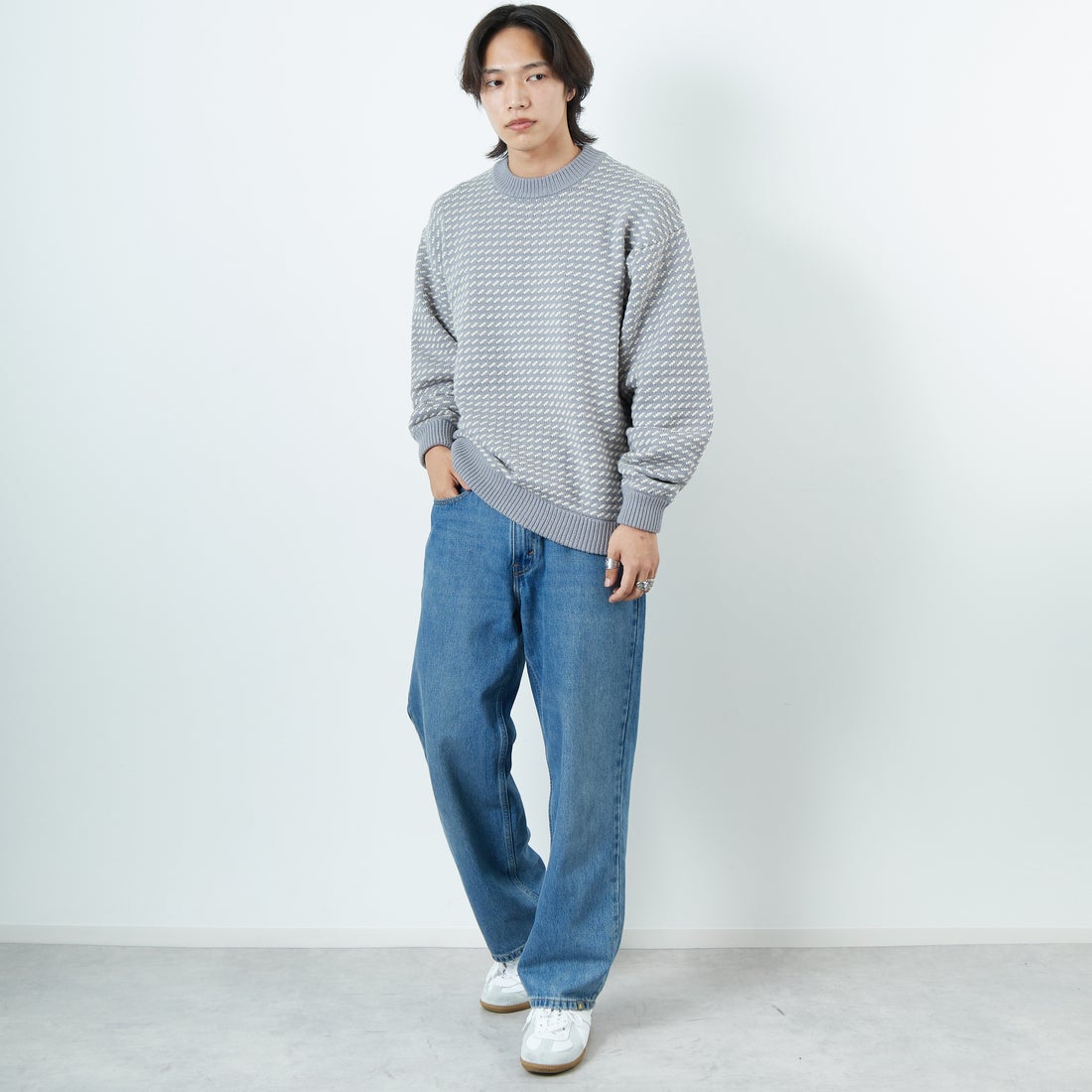 L.L.BEAN [エルエルビーン] Wayne バーズアイセーター [5575-2030] 91 GRY/WHT &&モデル身長：179cm 着用サイズ：L&&