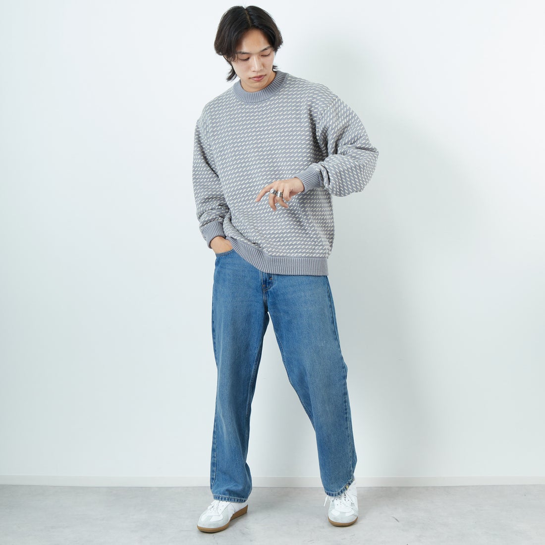 L.L.BEAN [エルエルビーン] Wayne バーズアイセーター [5575-2030] 91 GRY/WHT &&モデル身長：179cm 着用サイズ：L&&