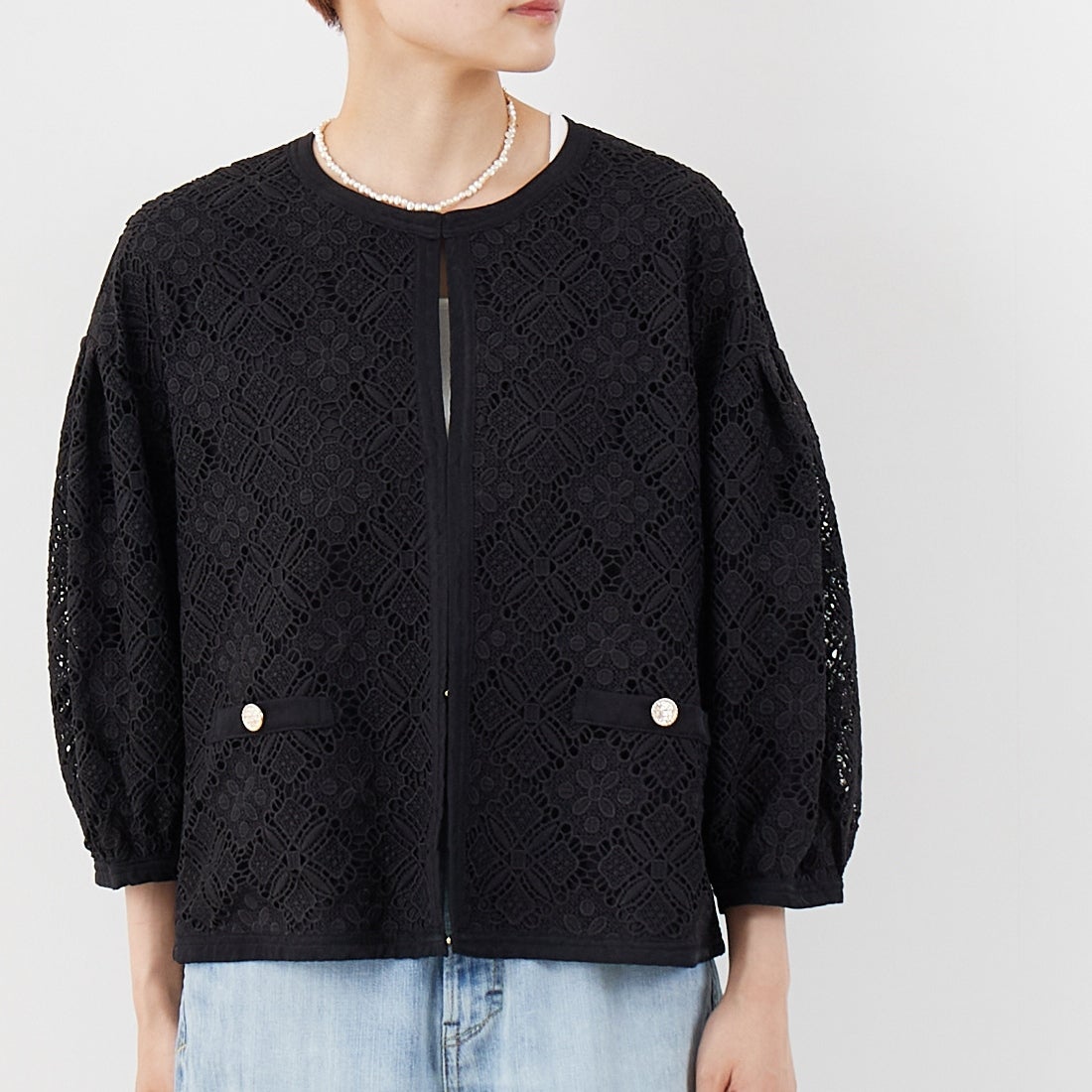 Jeans Factory Clothes [ジーンズファクトリークローズ] レースジャケット [147-28015] 09 ﾌﾞﾗｯｸ &&モデル身長：160cm 着用サイズ：F&&