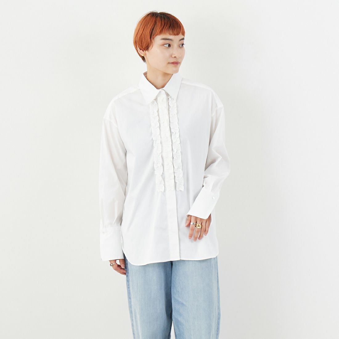 Jeans Factory Clothes [ジーンズファクトリークローズ] ストレッチフリルシャツ [L3118] 110 O.WHT &&モデル身長：160cm 着用サイズ：F&&