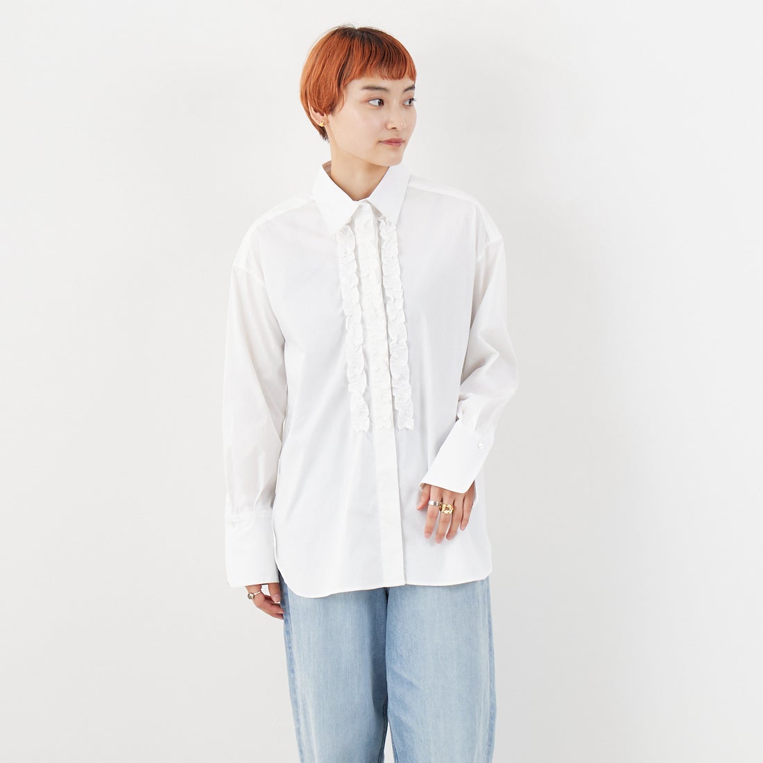Jeans Factory Clothes [ジーンズファクトリークローズ] ストレッチフリルシャツ [L3118] 110 O.WHT &&モデル身長：160cm 着用サイズ：F&&