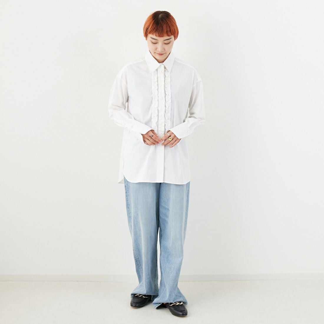Jeans Factory Clothes [ジーンズファクトリークローズ] ストレッチフリルシャツ [L3118] 110 O.WHT &&モデル身長：160cm 着用サイズ：F&&