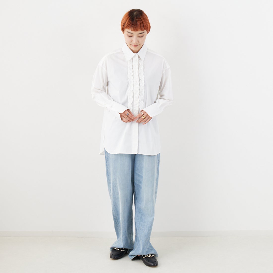 Jeans Factory Clothes [ジーンズファクトリークローズ] ストレッチフリルシャツ [L3118] 110 O.WHT &&モデル身長：160cm 着用サイズ：F&&