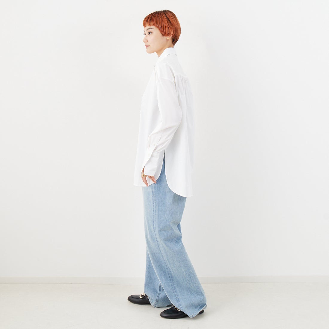 Jeans Factory Clothes [ジーンズファクトリークローズ] ストレッチフリルシャツ [L3118] 110 O.WHT &&モデル身長：160cm 着用サイズ：F&&
