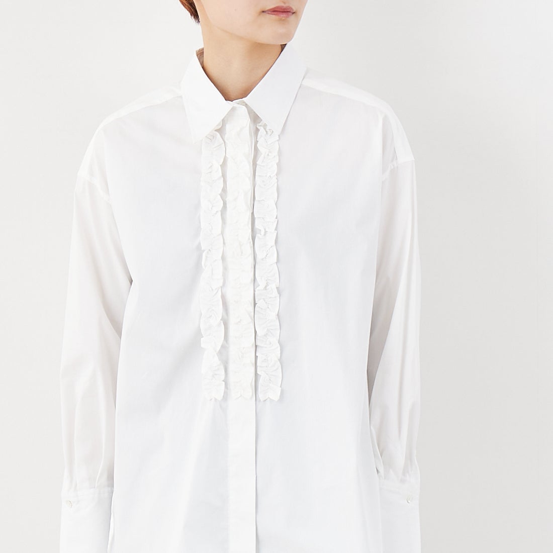 Jeans Factory Clothes [ジーンズファクトリークローズ] ストレッチフリルシャツ [L3118] 110 O.WHT &&モデル身長：160cm 着用サイズ：F&&