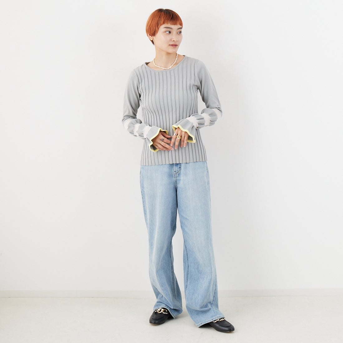 Jf Ready Made [ジェイエフレディメイド] ウェーブシアースリーブニット [650113] 115 ｸﾞﾚｰ/ｲ &&モデル身長：160cm 着用サイズ：F&&