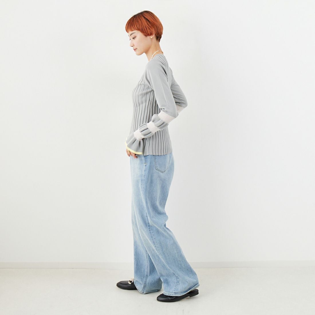 Jf Ready Made [ジェイエフレディメイド] ウェーブシアースリーブニット [650113] 115 ｸﾞﾚｰ/ｲ &&モデル身長：160cm 着用サイズ：F&&