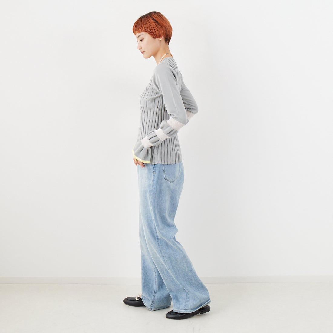 Jf Ready Made [ジェイエフレディメイド] ウェーブシアースリーブニット [650113] 115 ｸﾞﾚｰ/ｲ &&モデル身長：160cm 着用サイズ：F&&