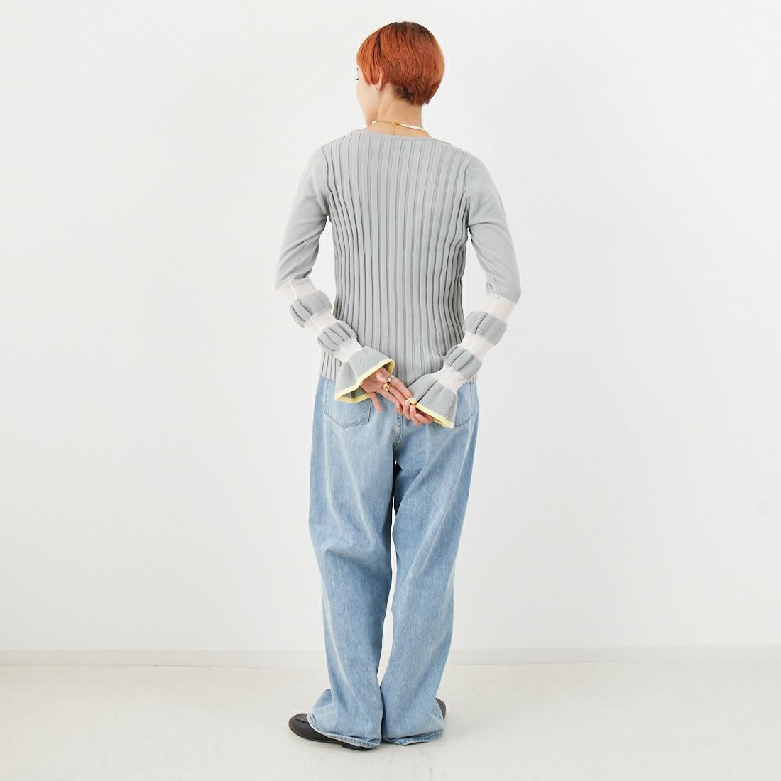 Jf Ready Made [ジェイエフレディメイド] ウェーブシアースリーブニット [650113] 115 ｸﾞﾚｰ/ｲ &&モデル身長：160cm 着用サイズ：F&&