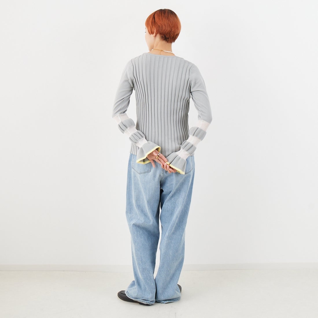 Jf Ready Made [ジェイエフレディメイド] ウェーブシアースリーブニット [650113] 115 ｸﾞﾚｰ/ｲ &&モデル身長：160cm 着用サイズ：F&&