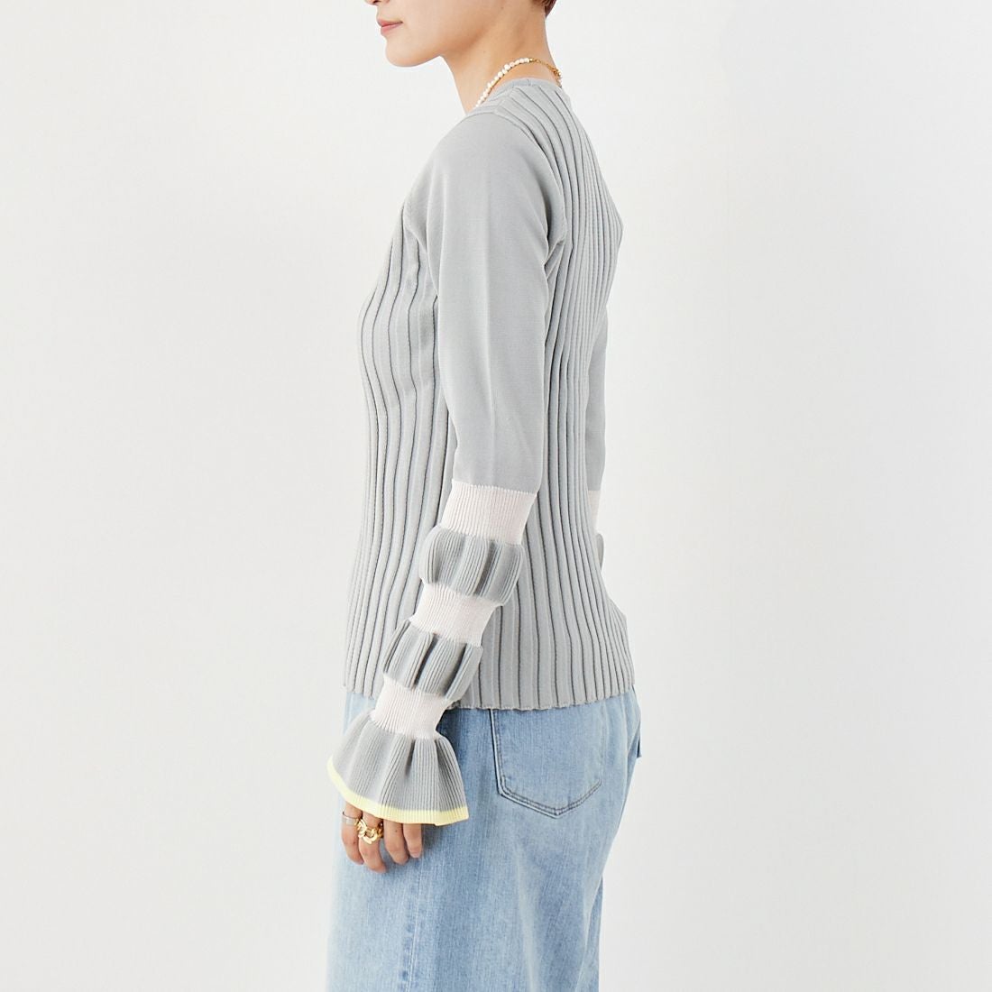 Jf Ready Made [ジェイエフレディメイド] ウェーブシアースリーブニット [650113] 115 ｸﾞﾚｰ/ｲ &&モデル身長：160cm 着用サイズ：F&&