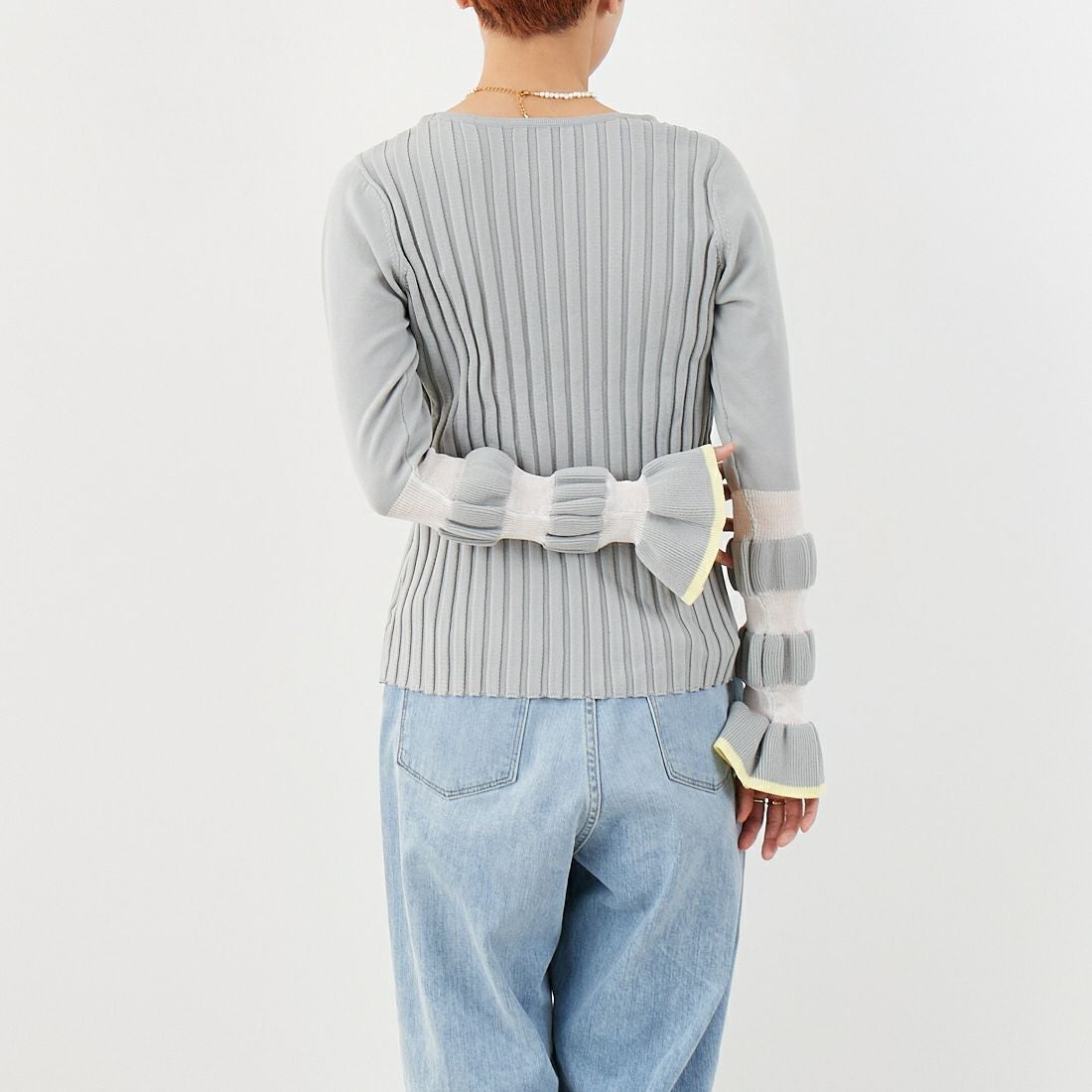 Jf Ready Made [ジェイエフレディメイド] ウェーブシアースリーブニット [650113] 115 ｸﾞﾚｰ/ｲ &&モデル身長：160cm 着用サイズ：F&&