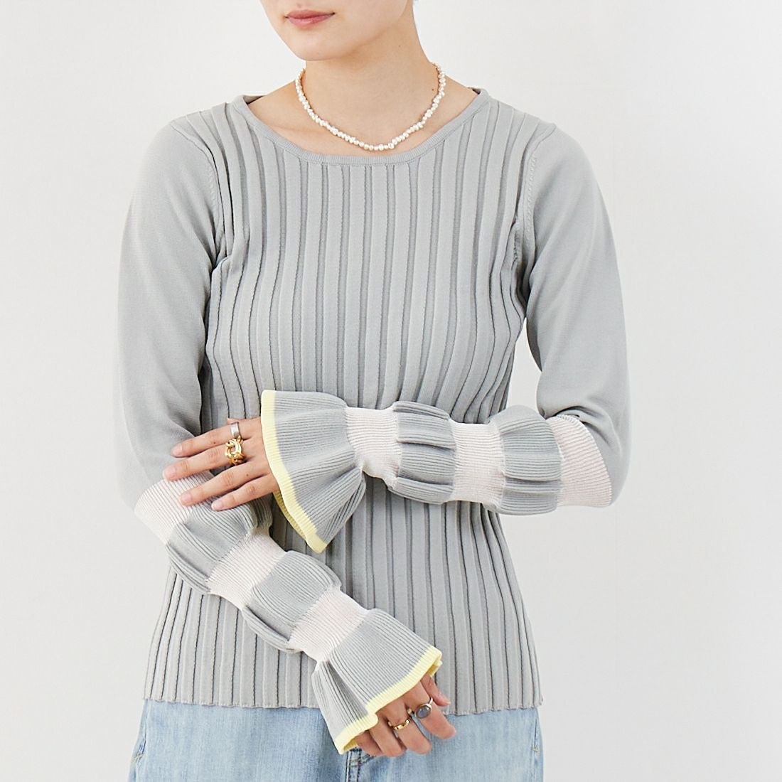 Jf Ready Made [ジェイエフレディメイド] ウェーブシアースリーブニット [650113] 115 ｸﾞﾚｰ/ｲ &&モデル身長：160cm 着用サイズ：F&&