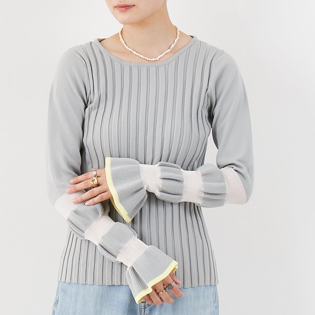 Jf Ready Made [ジェイエフレディメイド] ウェーブシアースリーブニット [650113] 115 ｸﾞﾚｰ/ｲ &&モデル身長：160cm 着用サイズ：F&&