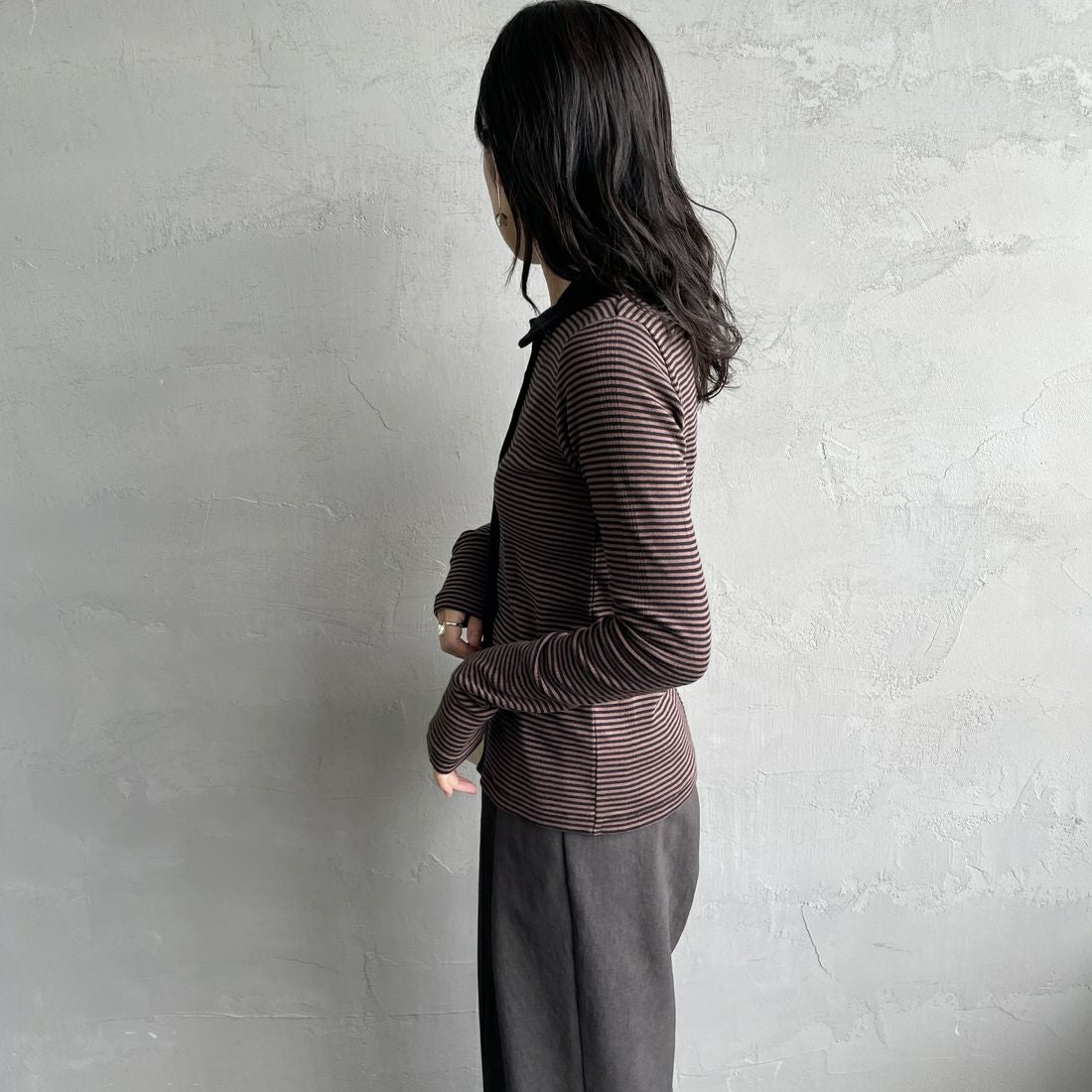 Robert P.Miller [ロバートピーミラー] 別注 パネルリブ ポロカーディガン [RM254-2179IN-JF] BROWN &&モデル身長：160cm 着用サイズ：F&&