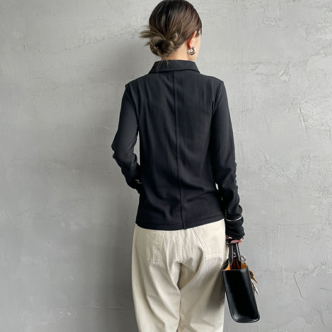 Robert P.Miller [ロバートピーミラー] 別注 パネルリブ ポロカーディガン [RM254-2179IN-JF] BLACK &&モデル身長：150cm 着用サイズ：F&&