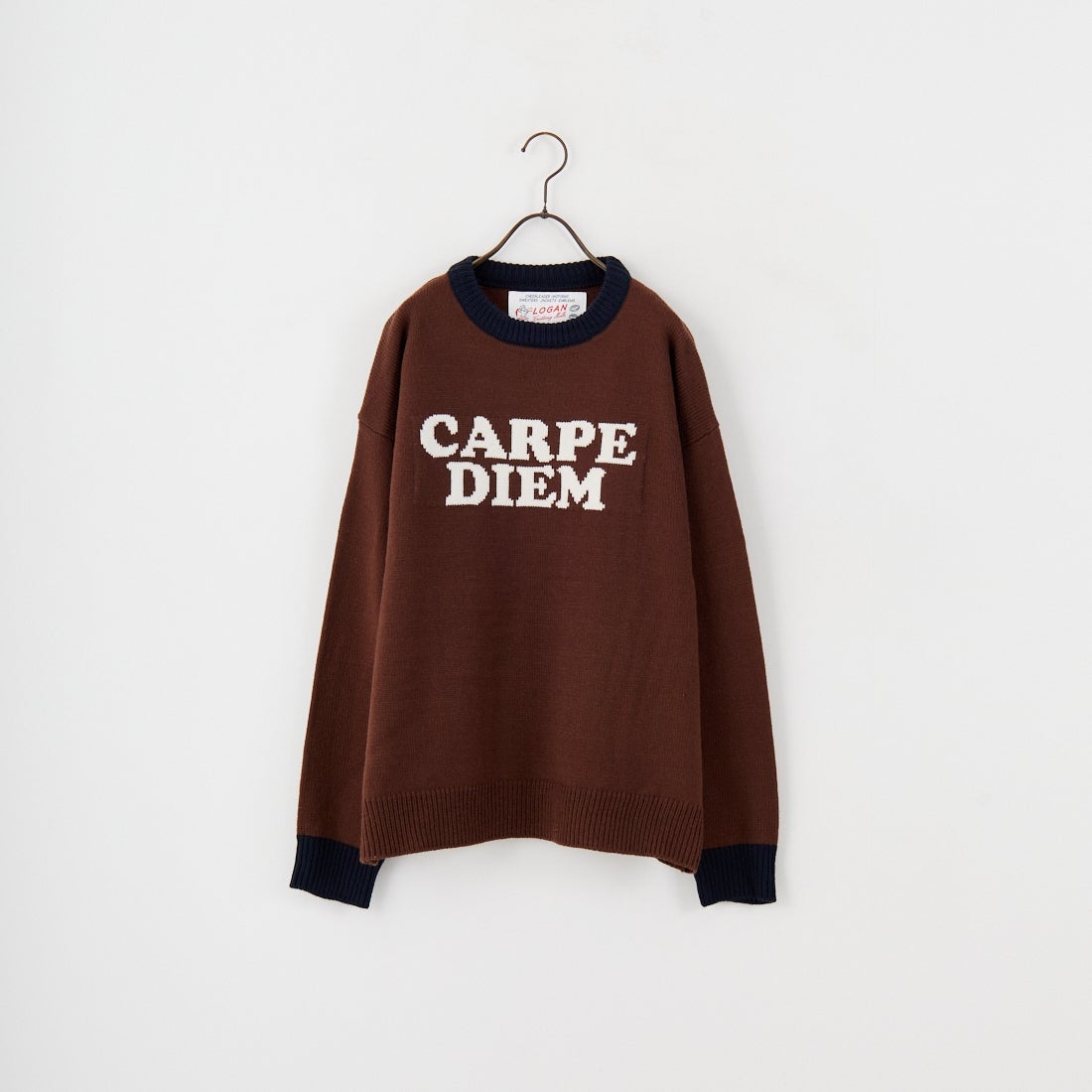 LOGAN Knitting Mills [ローガン ニッティング ミルズ] 別注 クルーネック 配色ジャガードロゴニット [LG-25FW28IN-JF] BROWN