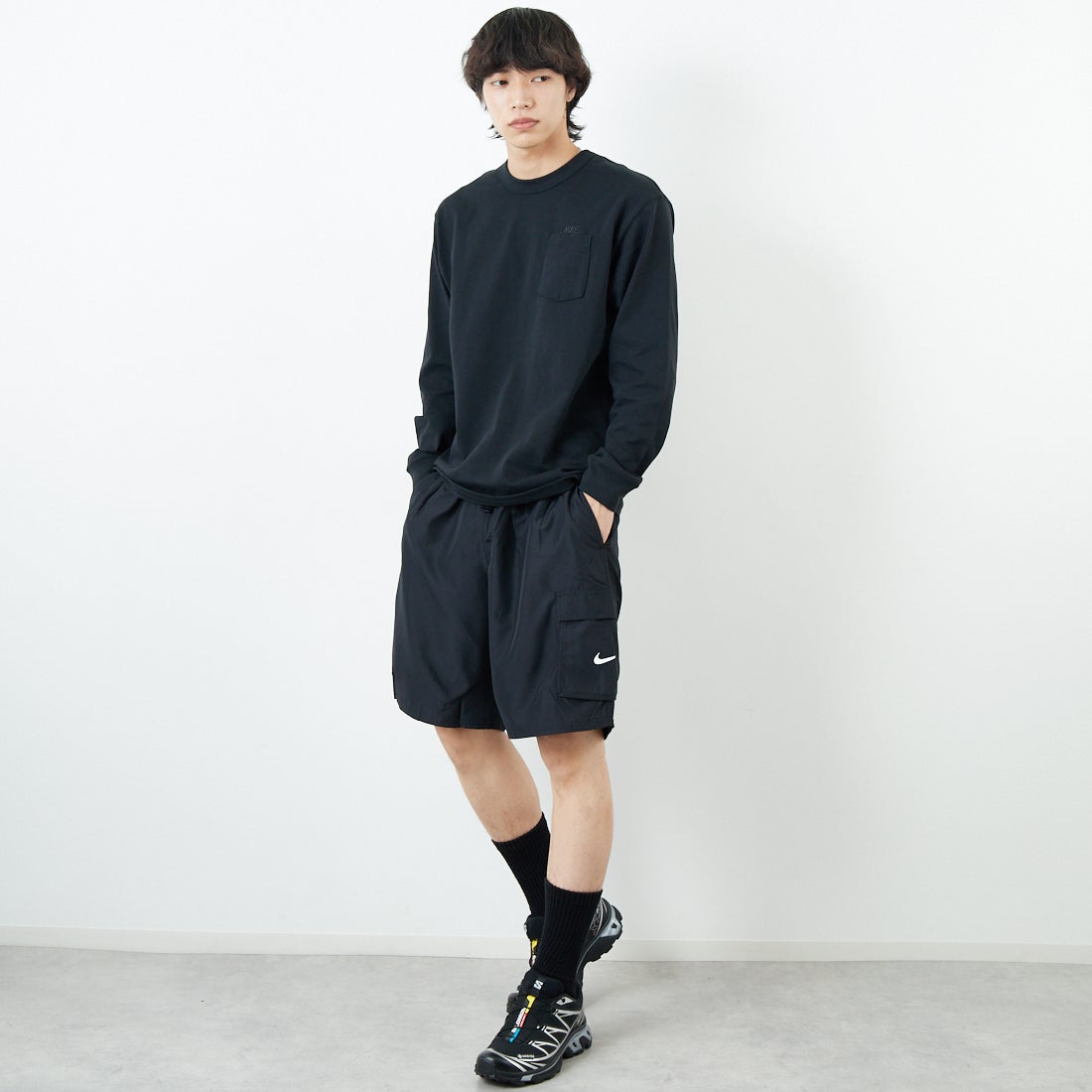NIKE SWIM [ナイキスイム] リップストップ9インチカーゴボレーショーツ [NESSF452] N001 ﾌﾞﾗｯｸ &&モデル身長：179cm 着用サイズ：XL&&