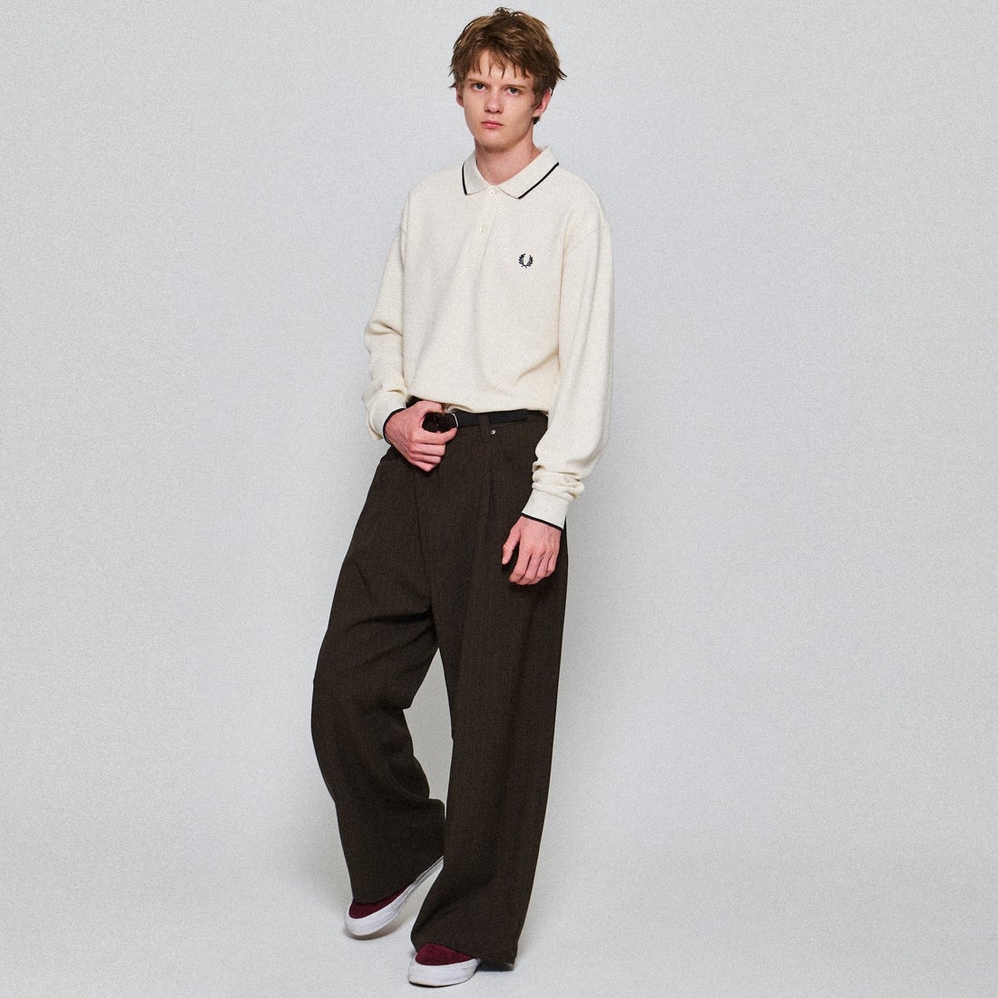 FRED PERRY [フレッドペリー] 別注 ワンポイントロゴ刺繍 ロングスリーブポロシャツ [FPM-25A-027JF] ECRU/NAVY