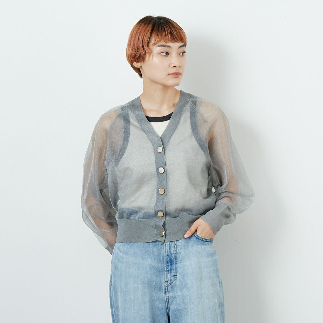 Jeans Factory Clothes [ジーンズファクトリークローズ] ラメシアーVネックカーディガン [11255816] ﾐﾃﾞｨｱﾑｸﾞﾚｰ &&モデル身長：160cm 着用サイズ：F&&