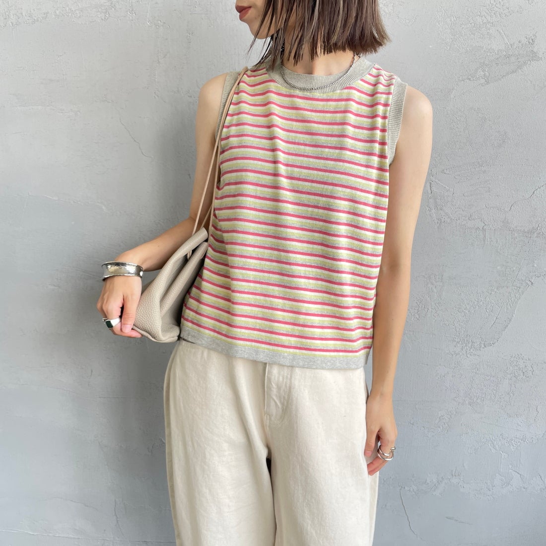 MEYAME [メヤメ] ボーダーコットンニットノースリーブトップス [MEY-2131] GREY &&モデル身長：158cm 着用サイズ：F&&