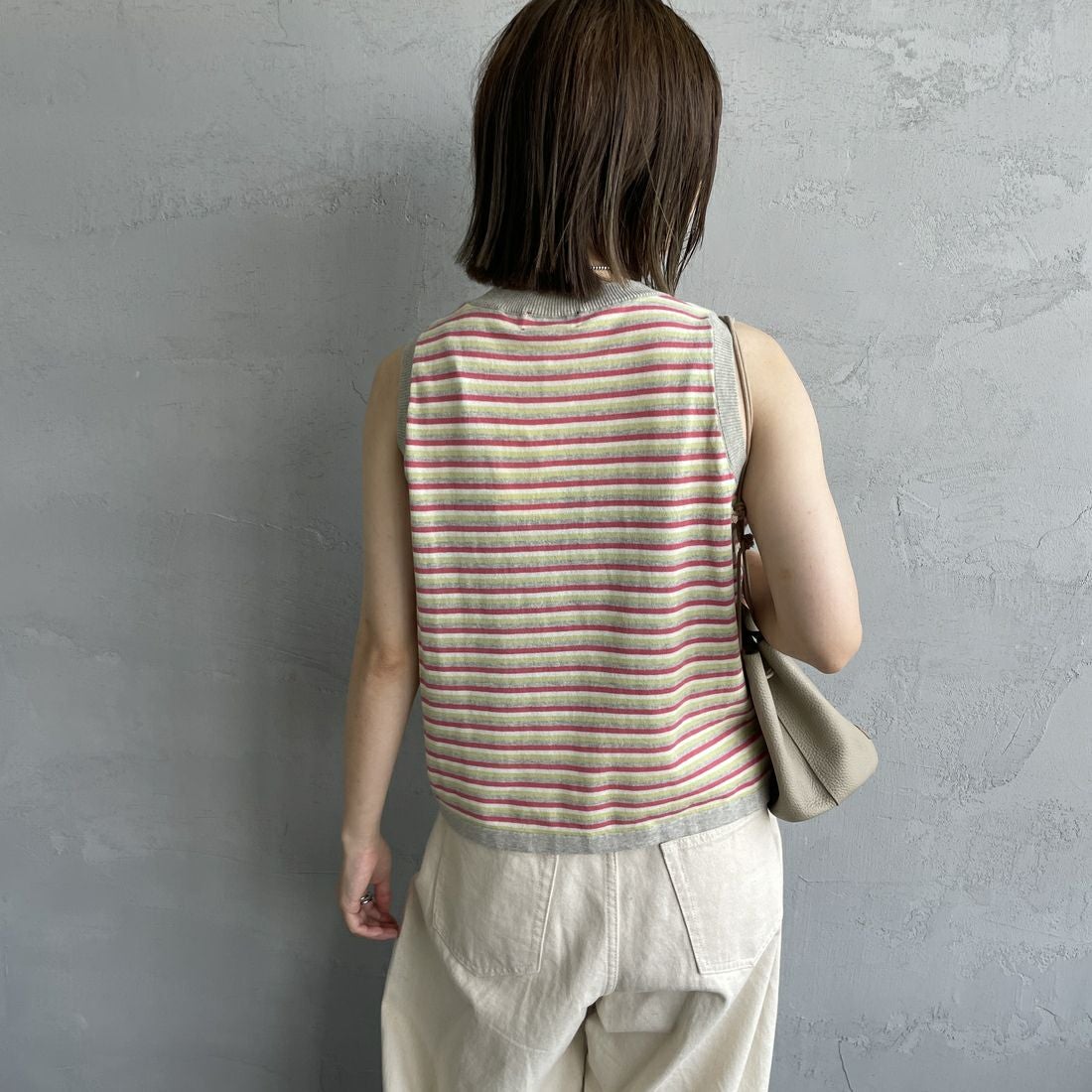 MEYAME [メヤメ] ボーダーコットンニットノースリーブトップス [MEY-2131] GREY &&モデル身長：158cm 着用サイズ：F&&