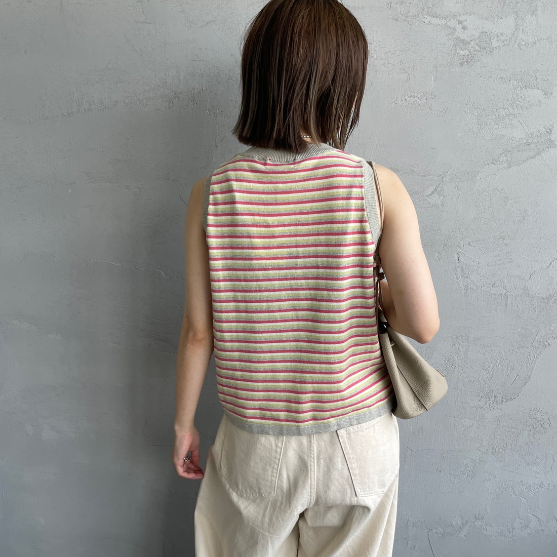 MEYAME [メヤメ] ボーダーコットンニットノースリーブトップス [MEY-2131] GREY &&モデル身長：158cm 着用サイズ：F&&