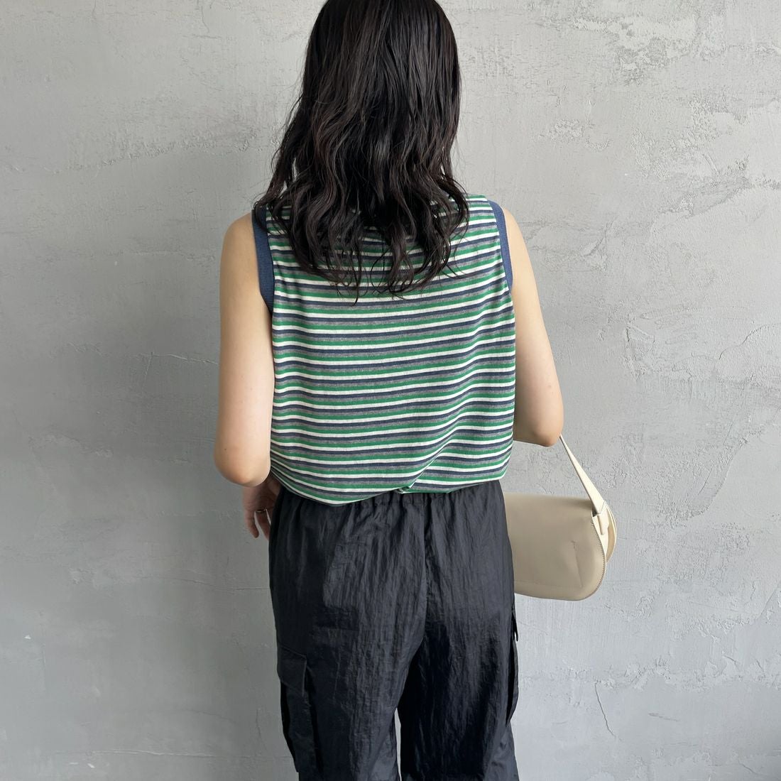 MEYAME [メヤメ] ボーダーコットンニットノースリーブトップス [MEY-2131] NAVY &&モデル身長：160cm 着用サイズ：F&&