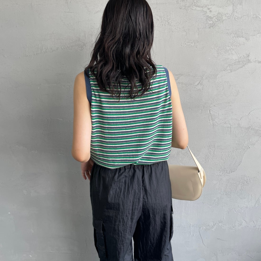 MEYAME [メヤメ] ボーダーコットンニットノースリーブトップス [MEY-2131] NAVY &&モデル身長：160cm 着用サイズ：F&&