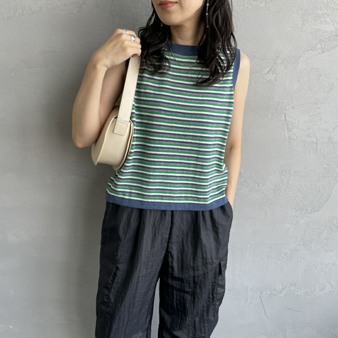 MEYAME [メヤメ] ボーダーコットンニットノースリーブトップス [MEY-2131] NAVY &&モデル身長：160cm 着用サイズ：F&&