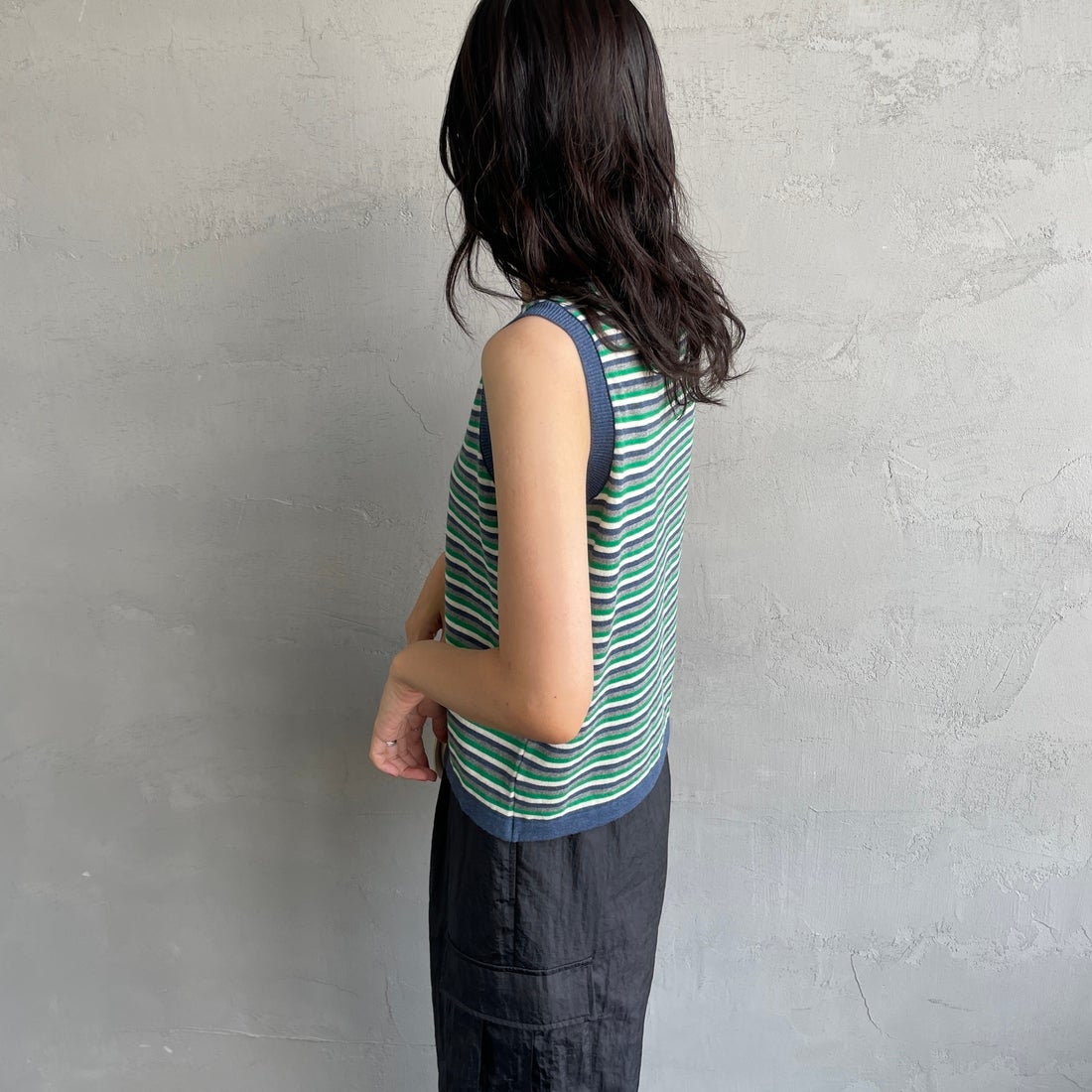 MEYAME [メヤメ] ボーダーコットンニットノースリーブトップス [MEY-2131] NAVY &&モデル身長：160cm 着用サイズ：F&&