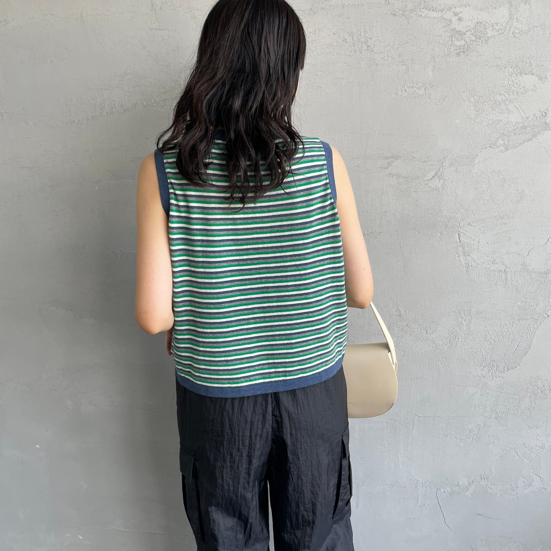 MEYAME [メヤメ] ボーダーコットンニットノースリーブトップス [MEY-2131] NAVY &&モデル身長：160cm 着用サイズ：F&&