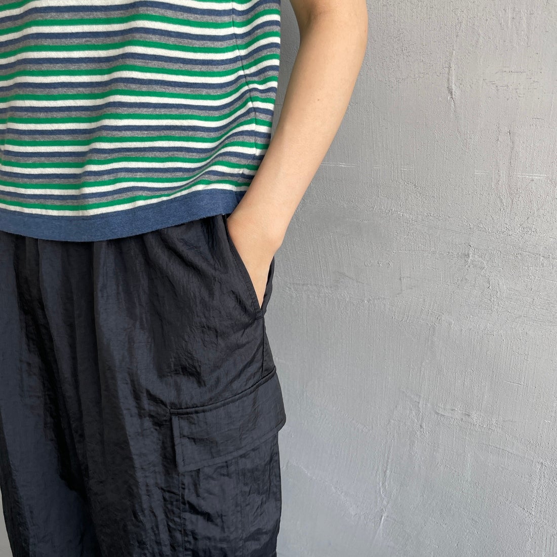 MEYAME [メヤメ] ボーダーコットンニットノースリーブトップス [MEY-2131] NAVY &&モデル身長：160cm 着用サイズ：F&&