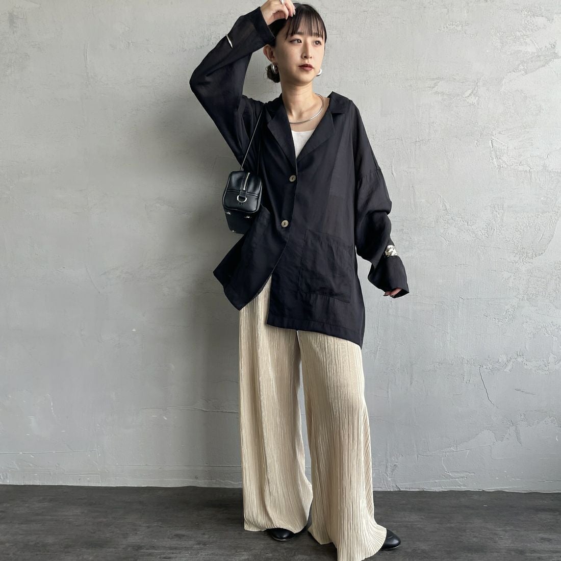 nenom [ネノム] シアーテーラードジャケット [NE25132082] 09 BLACK &&モデル身長：150cm 着用サイズ：F&&