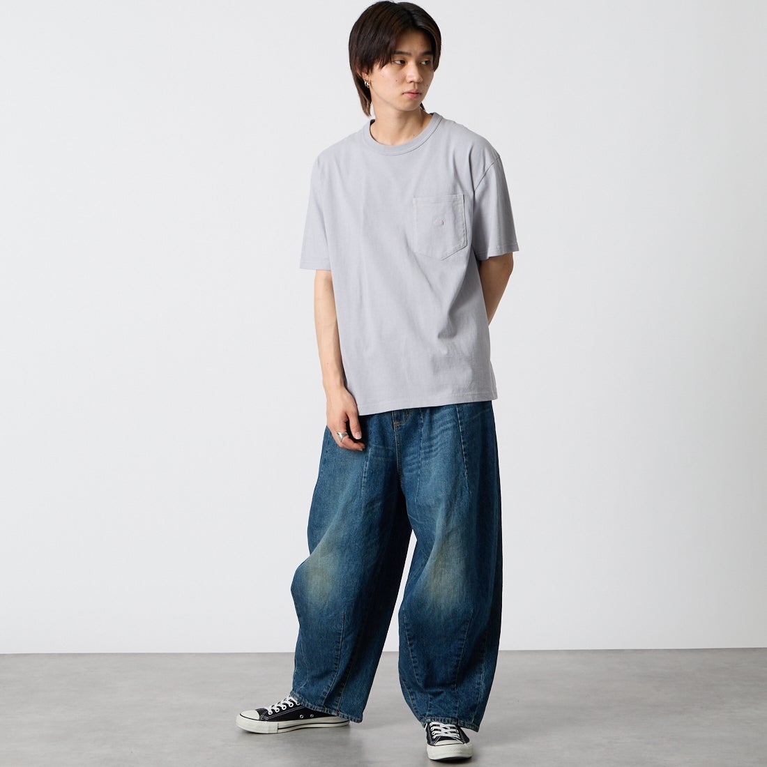 THE NORTH FACE PURPLE LABEL [ザ ノースフェイス パープルレーベル] 8オンスフィールドポケットTシャツ [N25FT064] LH LIGHT G &&モデル身長：177cm 着用サイズ：M&&