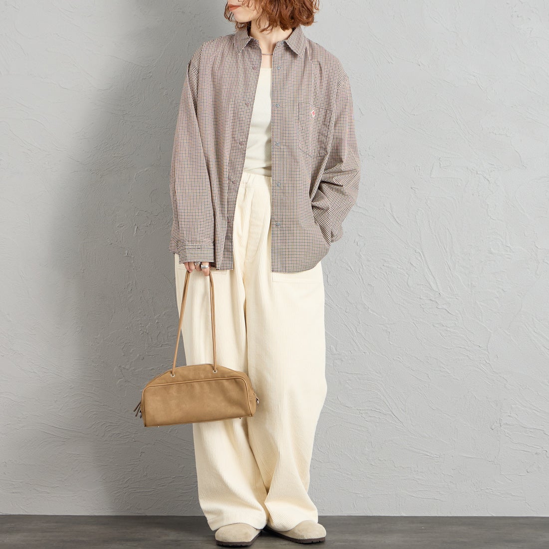 DANTON [ダントン] ドットボタン レギュラーカラー チェックロングスリーブシャツ [DT-B0391PPU] BEIGE CHEC &&モデル身長：158cm 着用サイズ：38&&