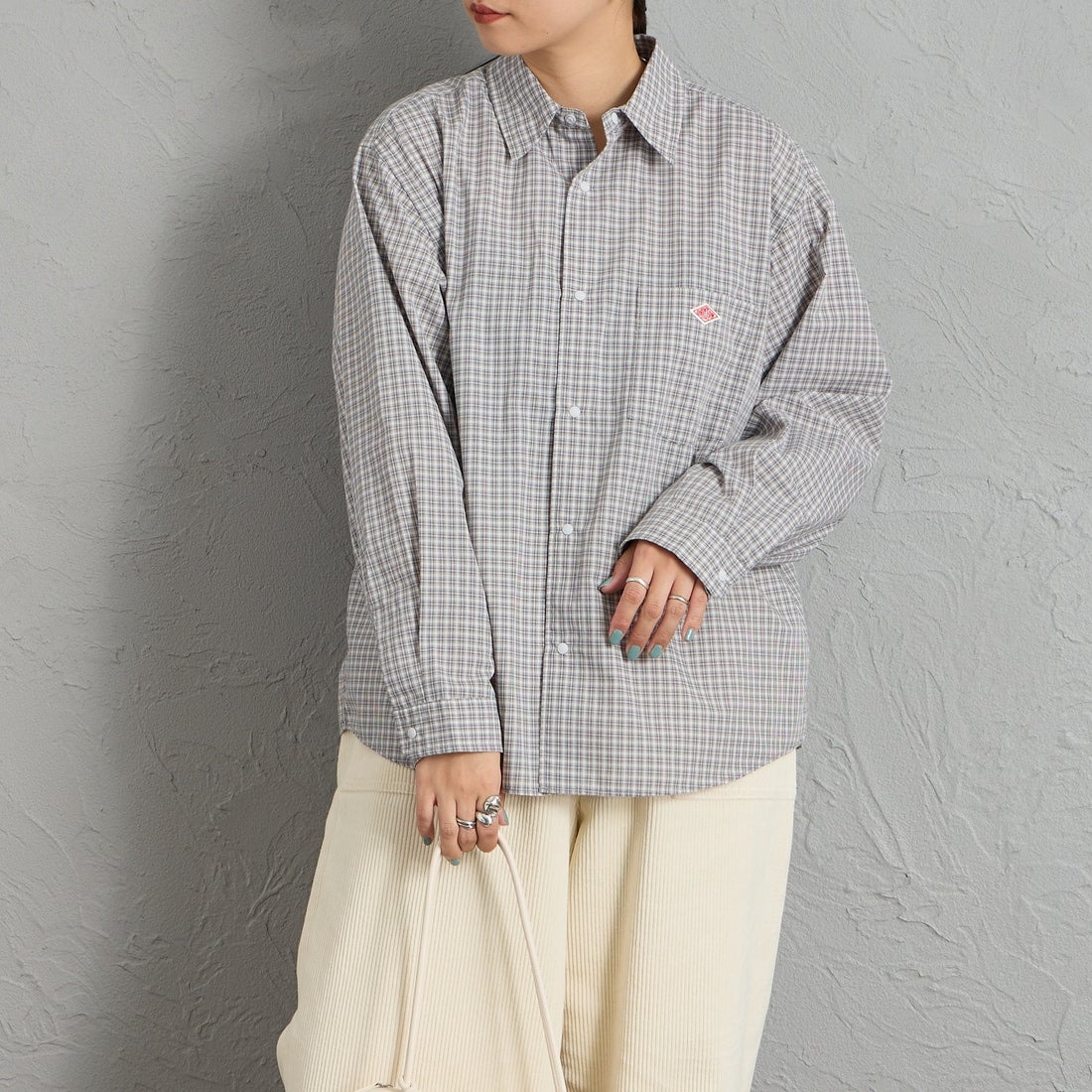 DANTON [ダントン] ドットボタン レギュラーカラー チェックロングスリーブシャツ [DT-B0391PPU] GY/L.GY CK &&モデル身長：156cm 着用サイズ：36&&