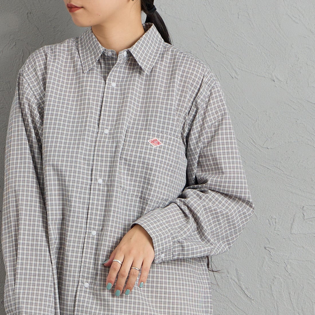 DANTON [ダントン] ドットボタン レギュラーカラー チェックロングスリーブシャツ [DT-B0391PPU] GY/L.GY CK &&モデル身長：156cm 着用サイズ：36&&