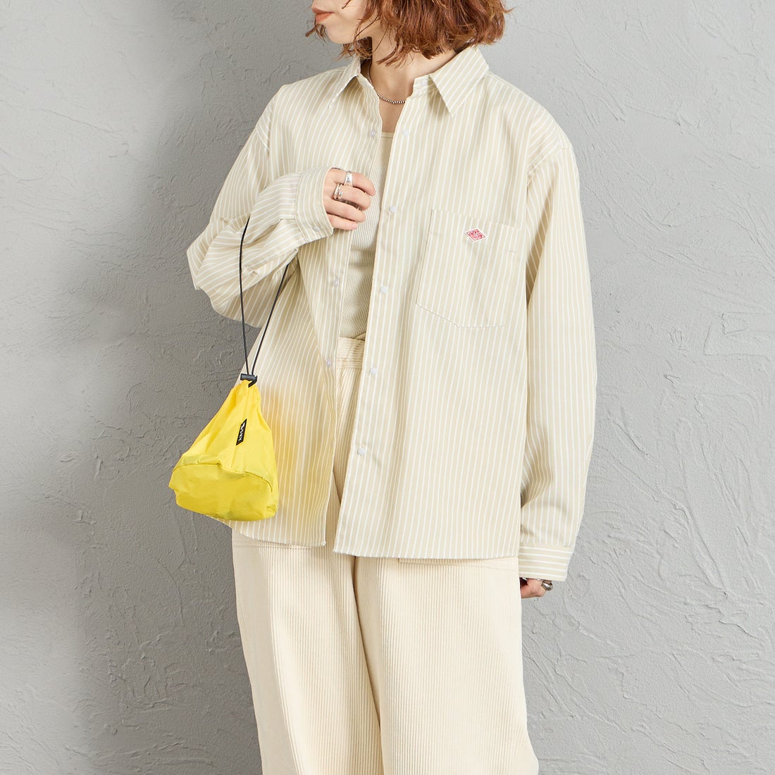 DANTON [ダントン] ドットボタン レギュラーカラー ストライプロングスリーブシャツ [DT-B0391POD] BEG/WHT ST &&モデル身長：158cm 着用サイズ：38&&
