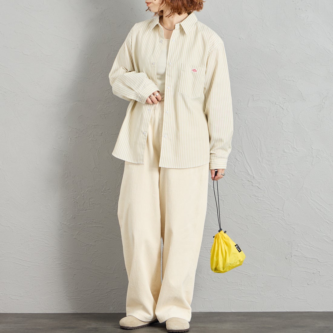 DANTON [ダントン] ドットボタン レギュラーカラー ストライプロングスリーブシャツ [DT-B0391POD] BEG/WHT ST &&モデル身長：158cm 着用サイズ：38&&